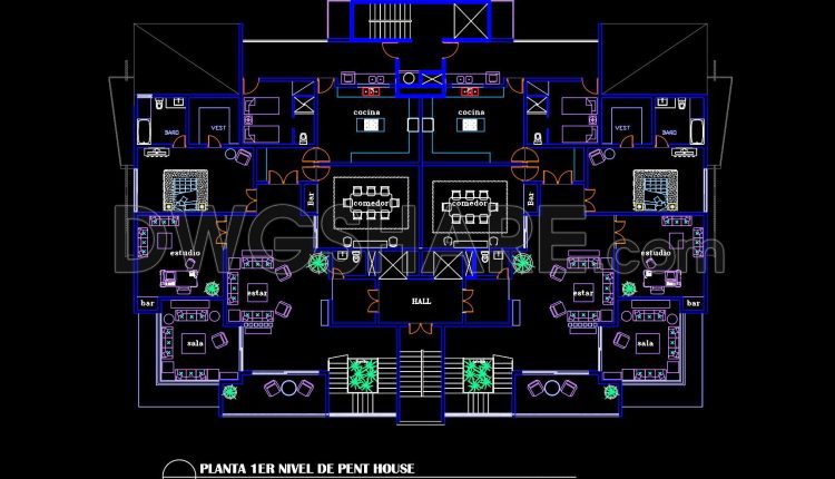 46. Free Download Penthouse Level 1 Floor Plan Cad Drawing – Symmetrical Apartment Layout