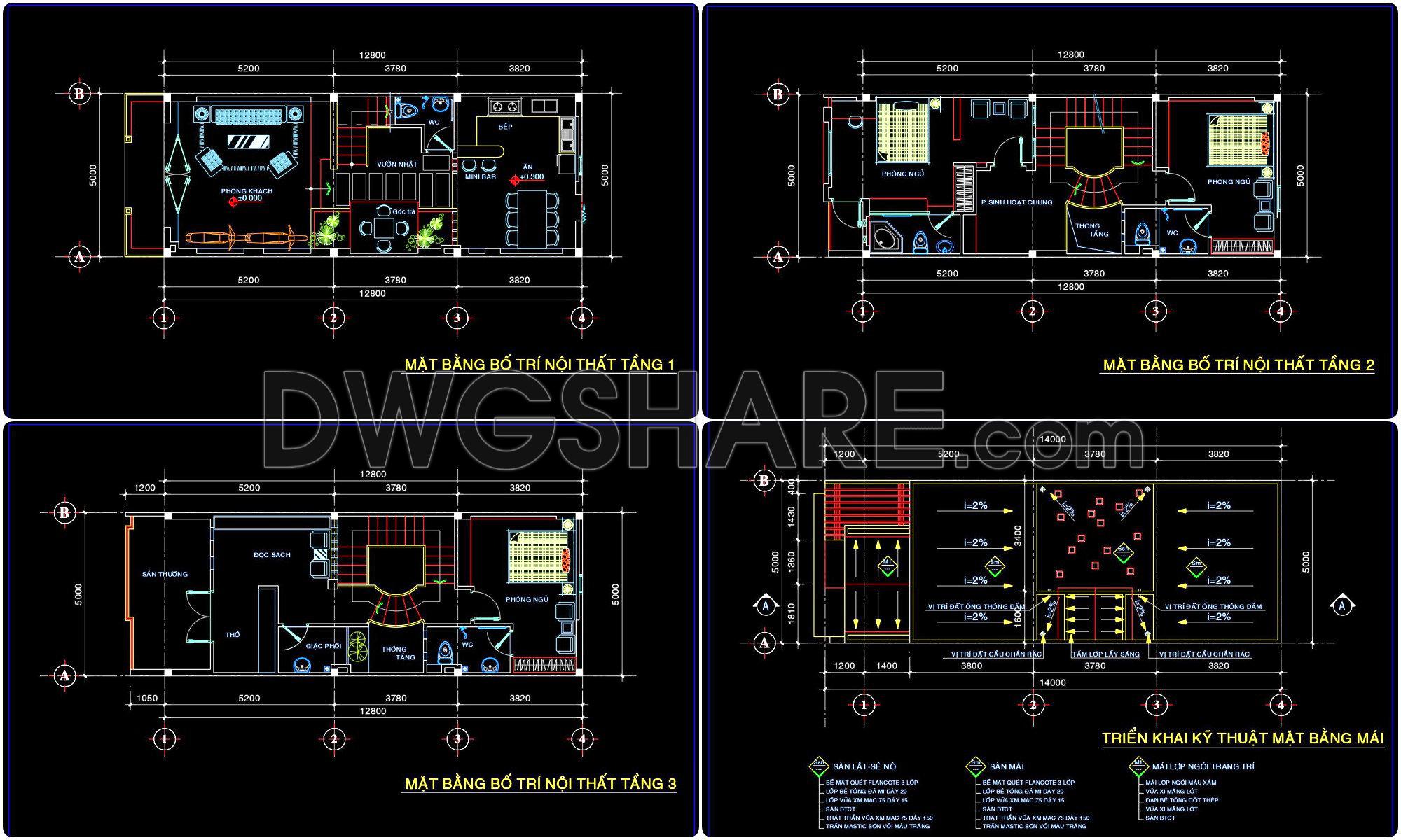 473. Download CAD Design Drawings for a 3-Story House with Dimensions 5m x 12.8m (1)