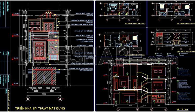 473. Download Cad Design Drawings For A 3-story House With Dimensions 5m X 12.8m