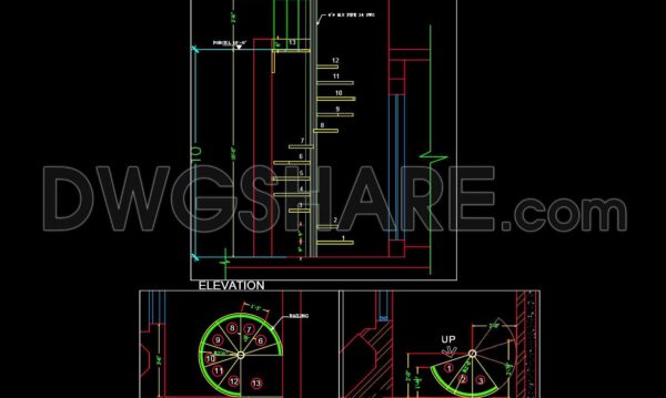 673. Spiral Steel Staircase Plan and Elevation Drawing (CAD DWG)