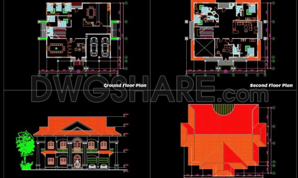 818. Free download of a 2-storey family house CAD drawing with a floor area of 17.5m X 21m