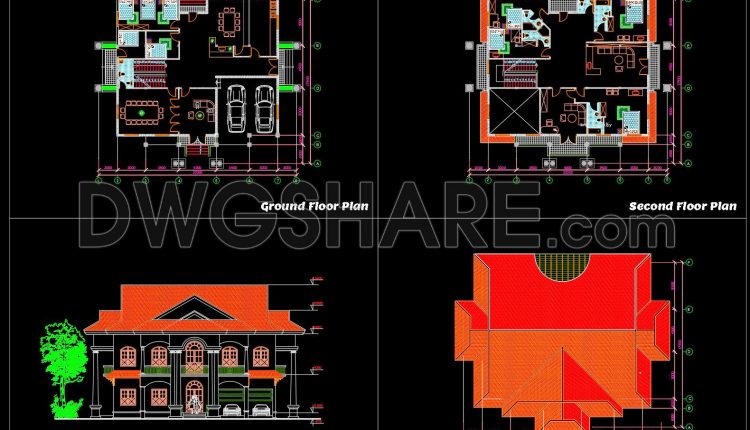 818. Free download of a 2-storey family house CAD drawing with a floor area of 17.5m X 21m (2)
