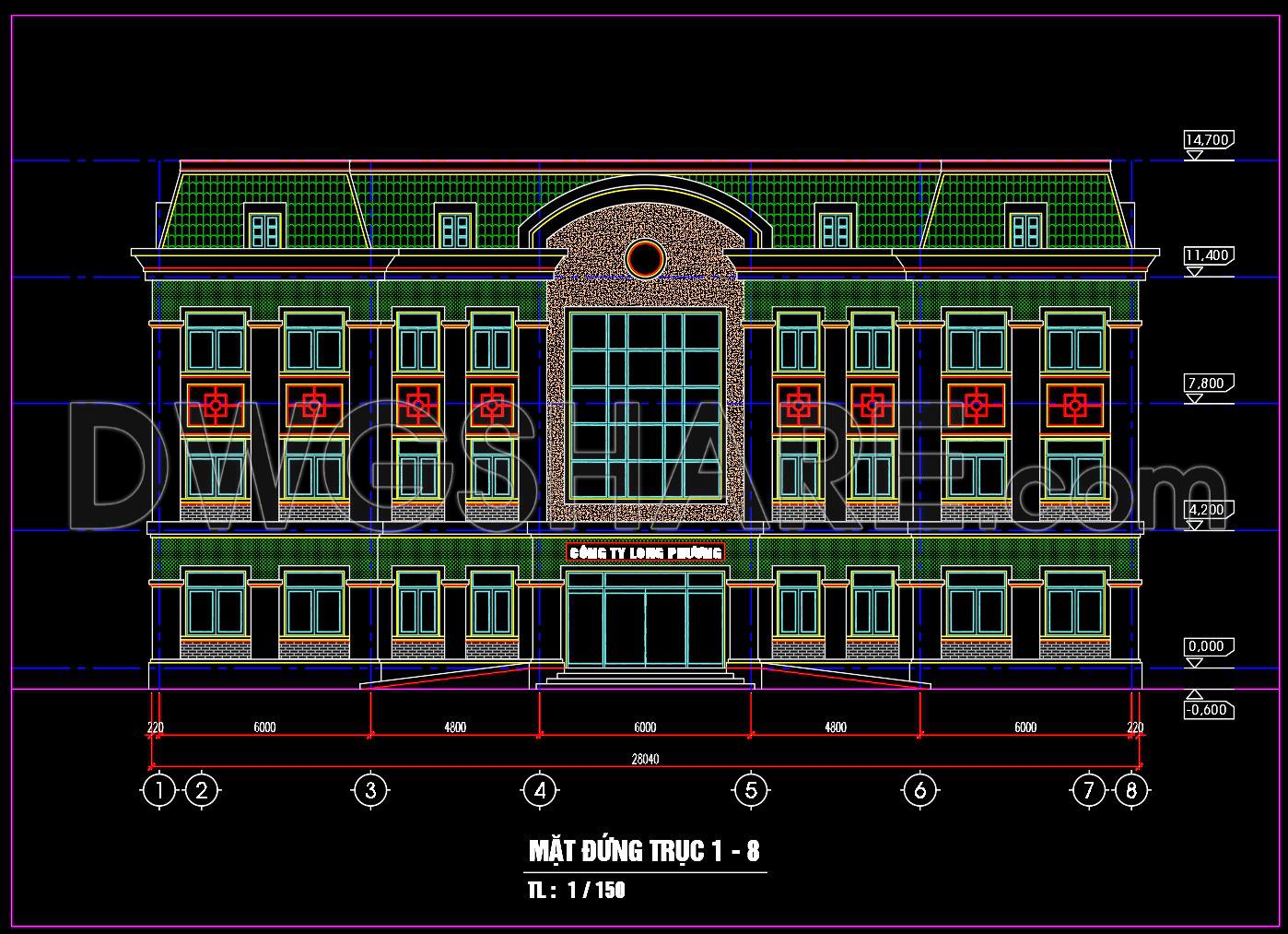 111. Free Download – CAD Elevation Drawing of a 3-Storey Office Building