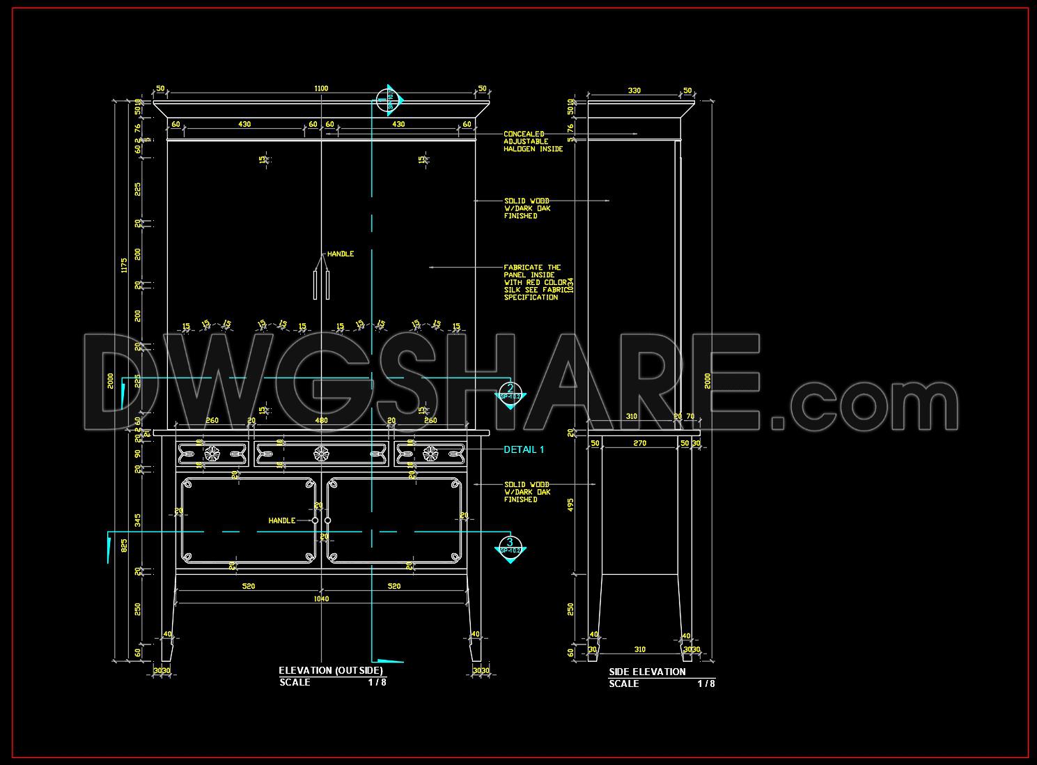 131. Detailed CAD Drawing of Wooden Bookshelf Cabinet for Living Room Interior (1)