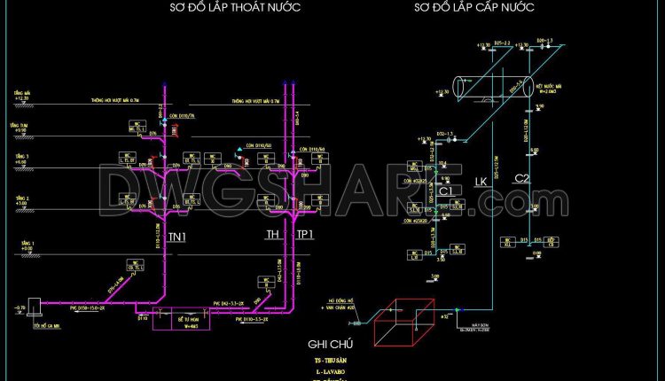 141. CAD drawings detailing the design of water supply and drainage systems for a 3-story townhouse (1)