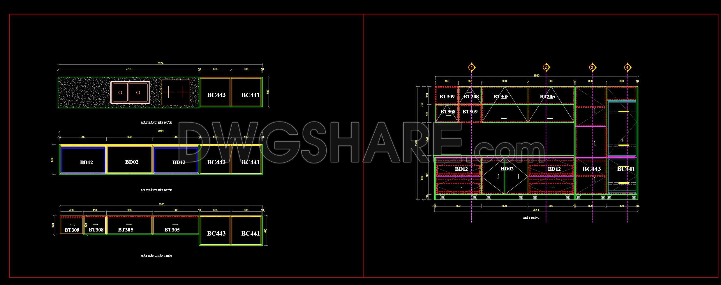 203. Free download CAD technical drawings of kitchen cabinets for the house (1)