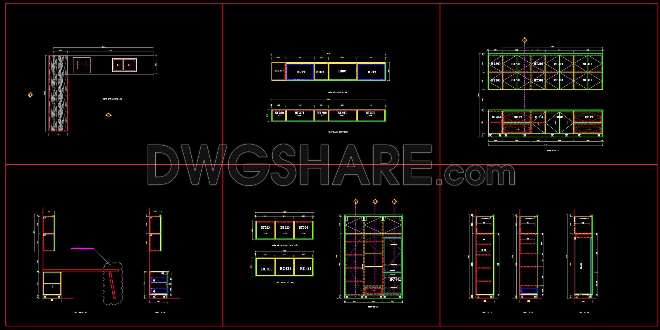 204. Free download CAD technical drawings of kitchen cabinets for the house (1)