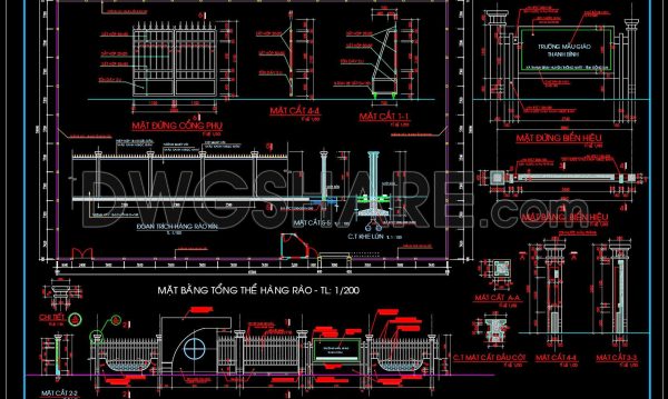 233. CAD Drawings of Kindergarten Fence and Gate (Plan, Elevations, Detailed Sections)