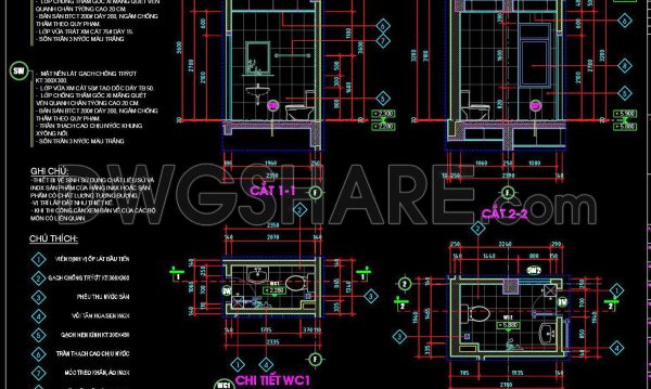 434. Free download of CAD technical drawings for the construction of bathrooms in townhouses