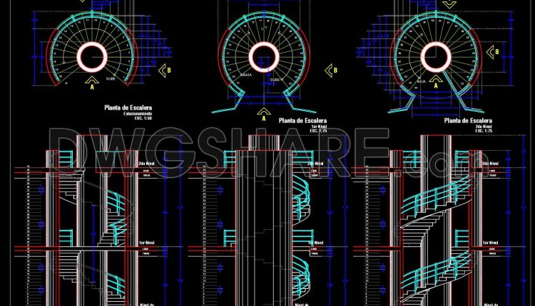 472. Free CAD Drawing of Circular Spiral Staircase – Plan & Elevations (1)