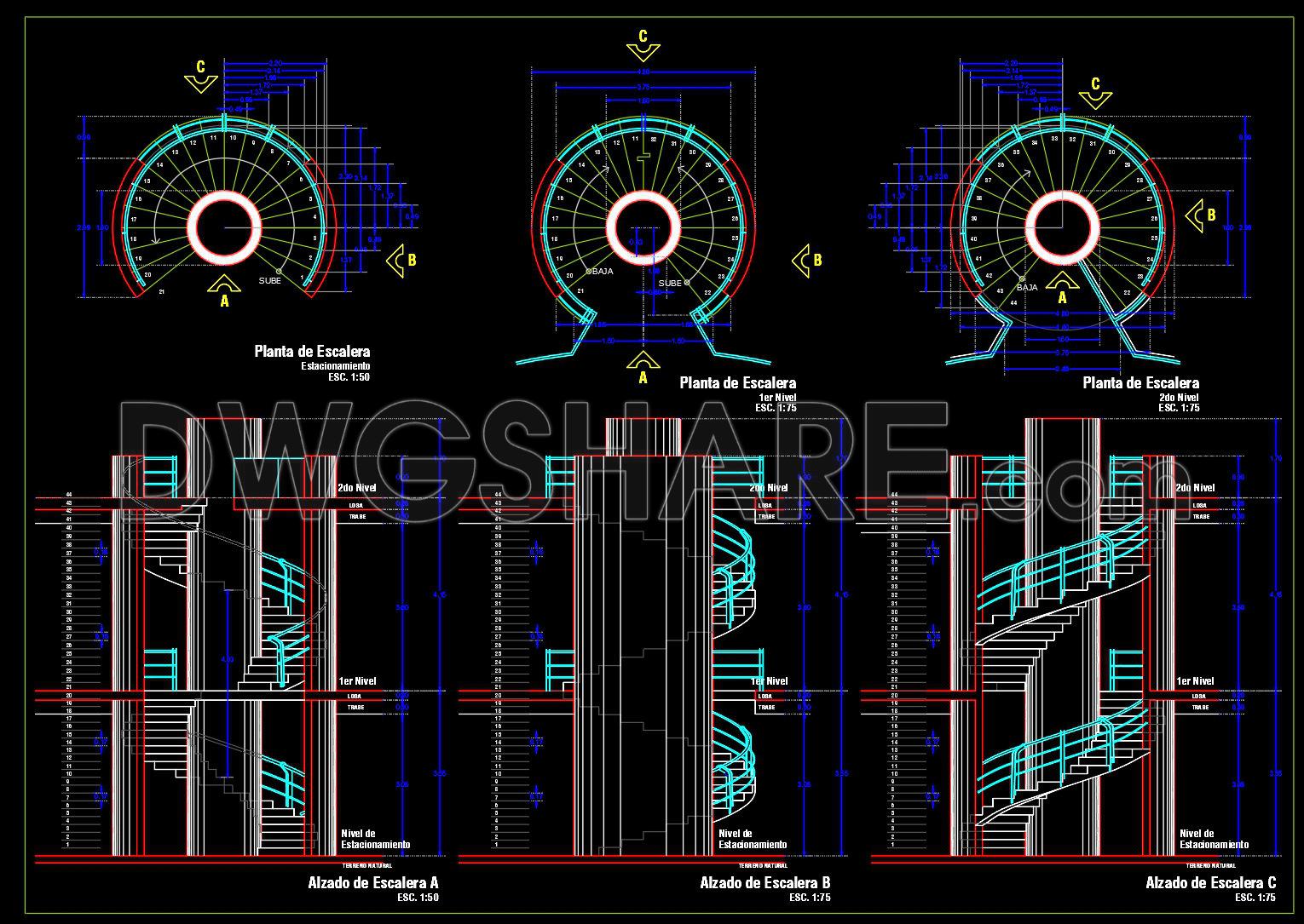 472. Free CAD Drawing of Circular Spiral Staircase – Plan & Elevations (1)