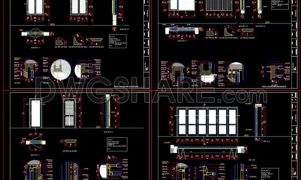 806. Detailed CAD Drawings of Aluminum Glass Doors and Windows, Including Elevations, Sections, and Technical Details