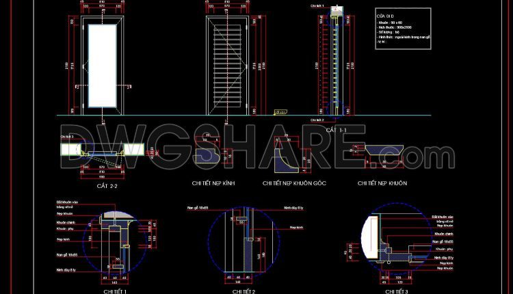 807. Detailed CAD Drawings of Wooden Panel Door with Glass for Construction (1)