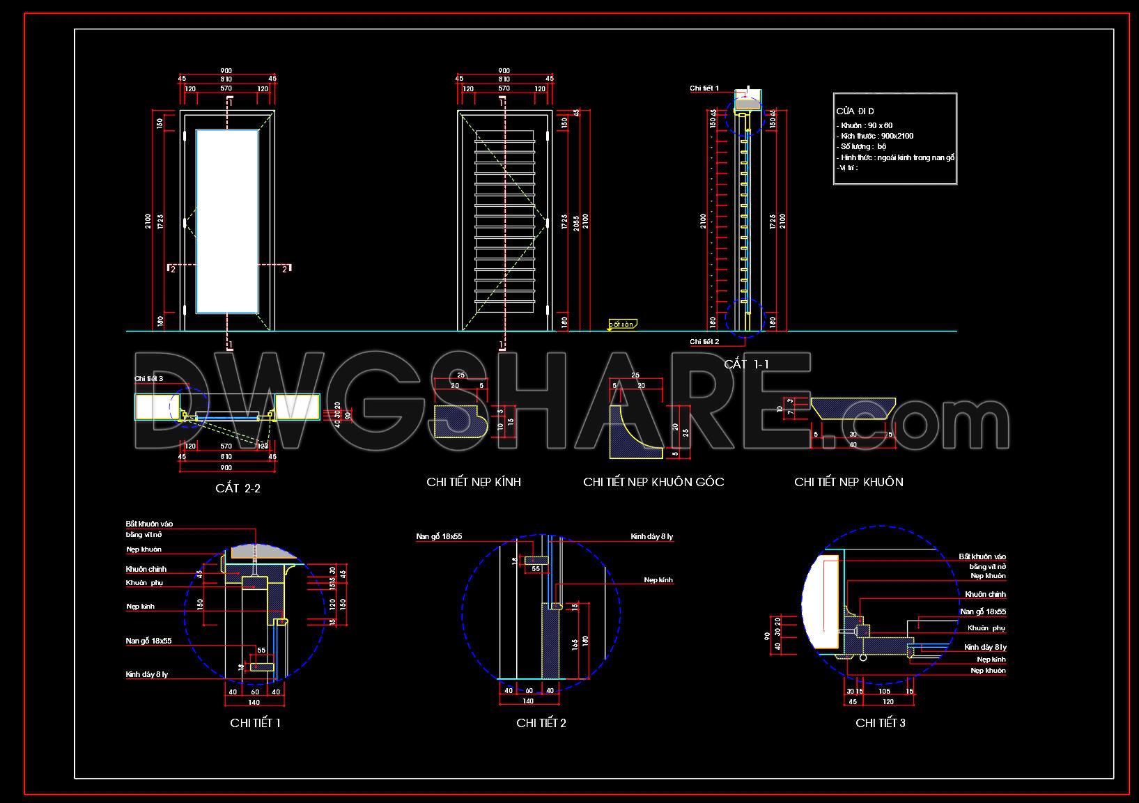 807. Detailed CAD Drawings of Wooden Panel Door with Glass for Construction (1)