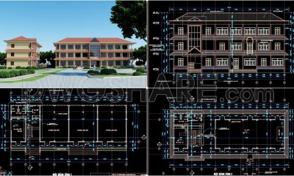 84. Free download floor plans and elevations of a 3-storey office building with a total area of 900 m2