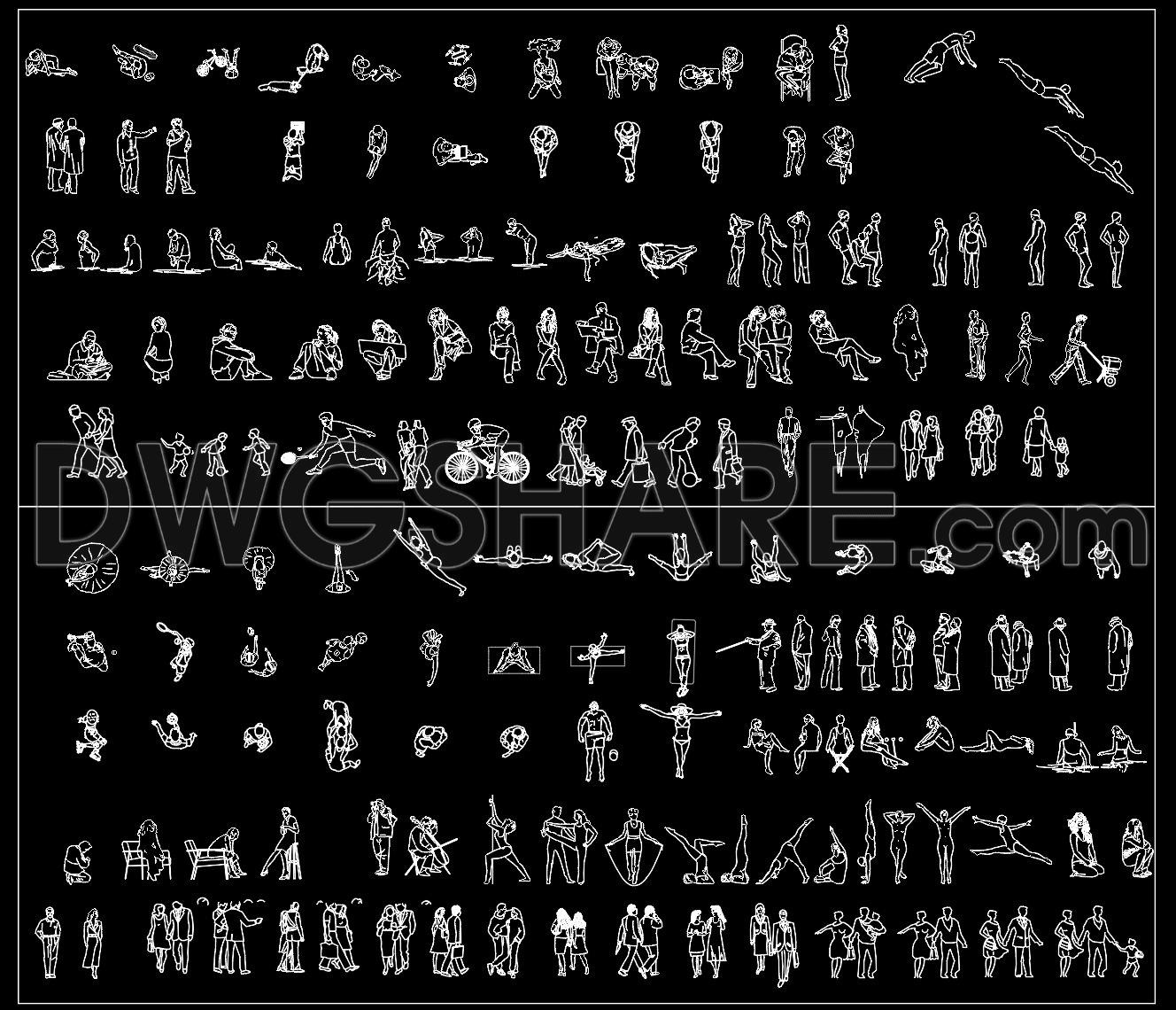 125. DWG People Blocks Collection – Walking, Sitting, Exercising (1)