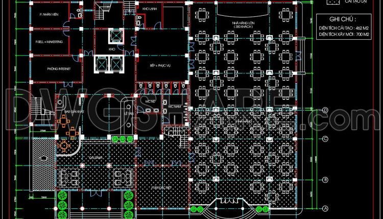 150. Free Download Cad Drawing Of Restaurant Ground Floor Plan (700 M2, 350 Seats)