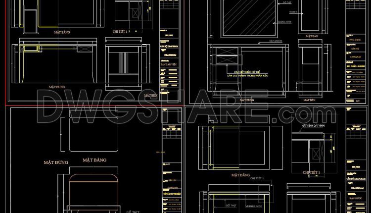 152. Free CAD Drawings of Wooden Desk and Storage Ottoman – Plan, Elevation & Section Details (1)