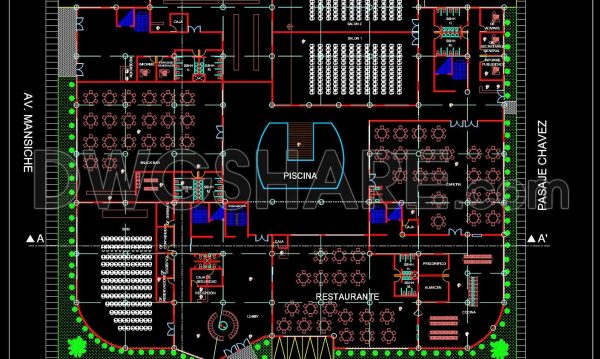 172. Free Download CAD Drawings of Restaurant, Event Hall, and Pool Complex Layout