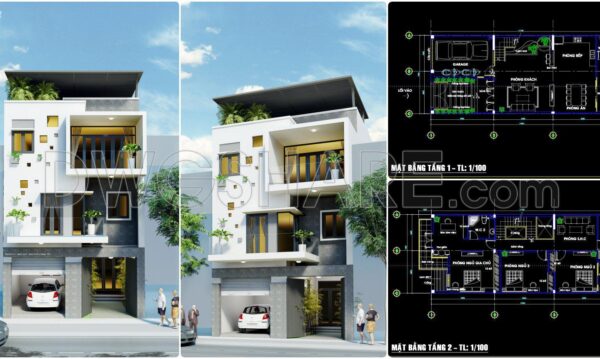 475. Download CAD Design Drawings for a 3-Story House with Dimensions 7.4m x 17.2m