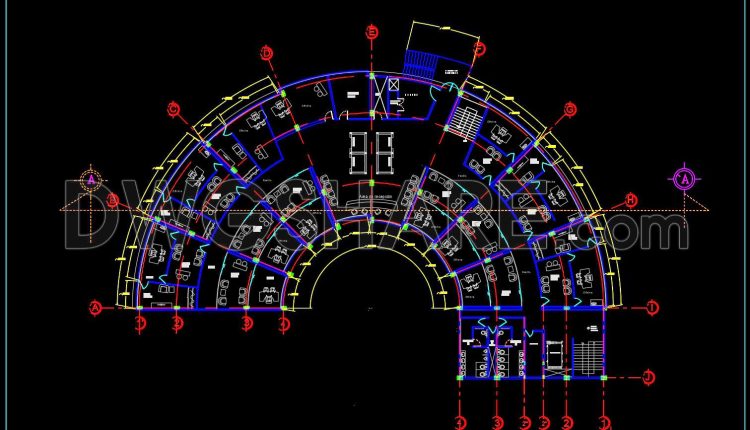 50. Free Download Architectural Cad Drawing Of Radial Office Layout With Individual Offices