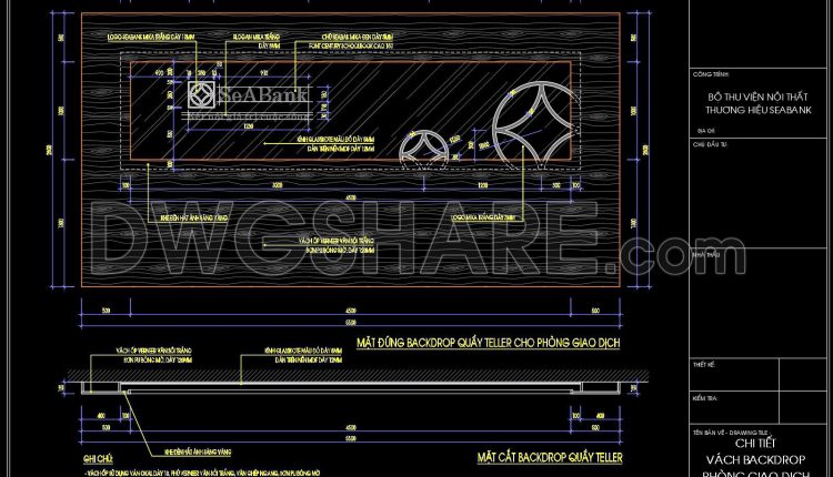 589. Free CAD Drawing of Bank Teller Backdrop Wall – Elevation & Section Details (1)