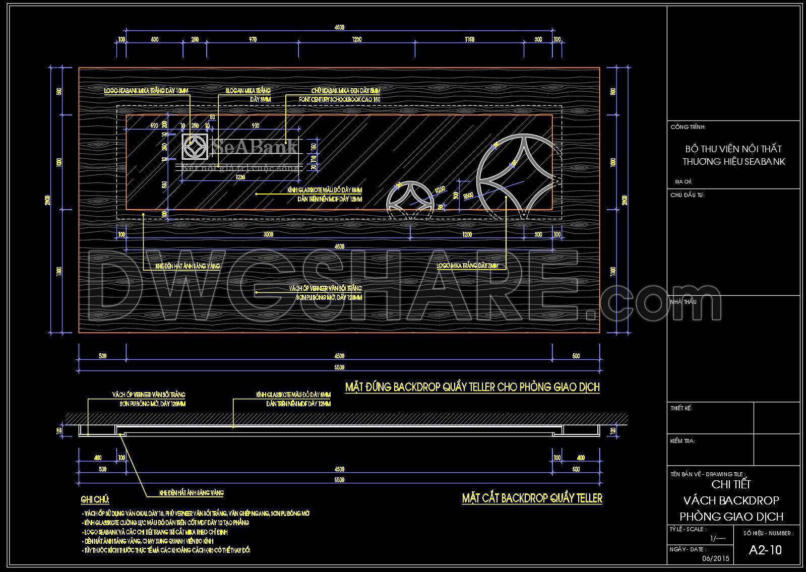 589. Free CAD Drawing of Bank Teller Backdrop Wall – Elevation & Section Details (1)