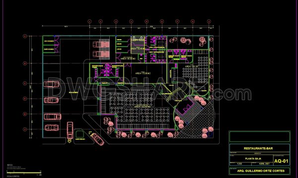 63. Free CAD Drawing of Ground Floor Restaurant and Bar Layout with Functional Zoning and Parking Area