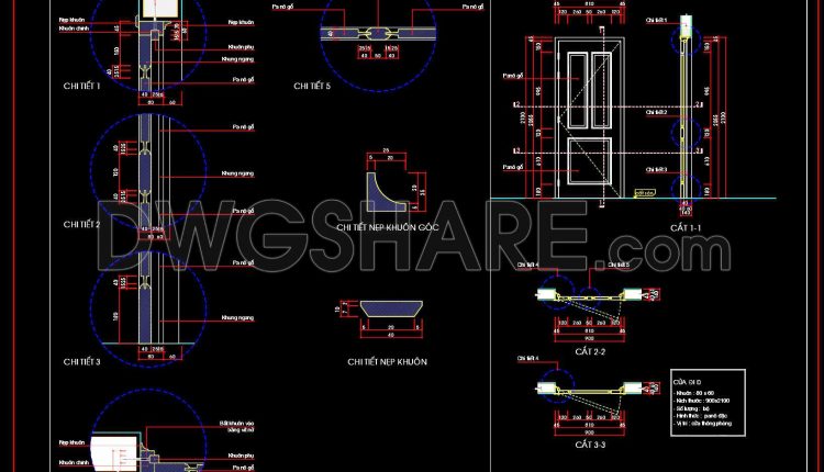 818. Free CAD Drawing of Detailed Wooden Panel Door – Frame Structure, Door Leaf, and Technical Sections (1)