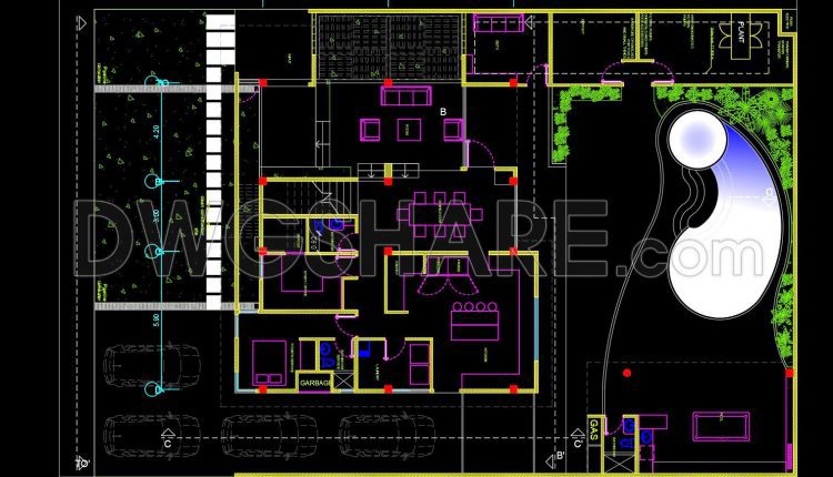 843. Free Cad Download 6-bedroom House Floor Plan With Pool & Garden