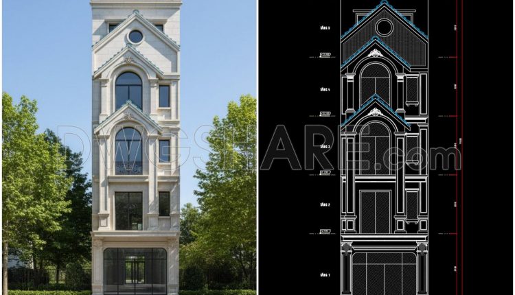 860. Full Cad Drawing Of 5-storey Townhouse – Detailed Floor Plans & Facade (7)