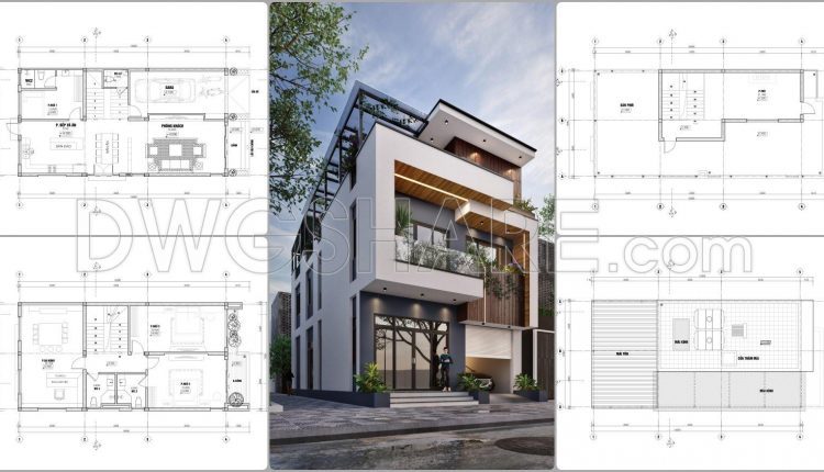 869. Free Download 3-storey House Cad Drawings – Floor Plans, Roof Plan & Layout Design (2)