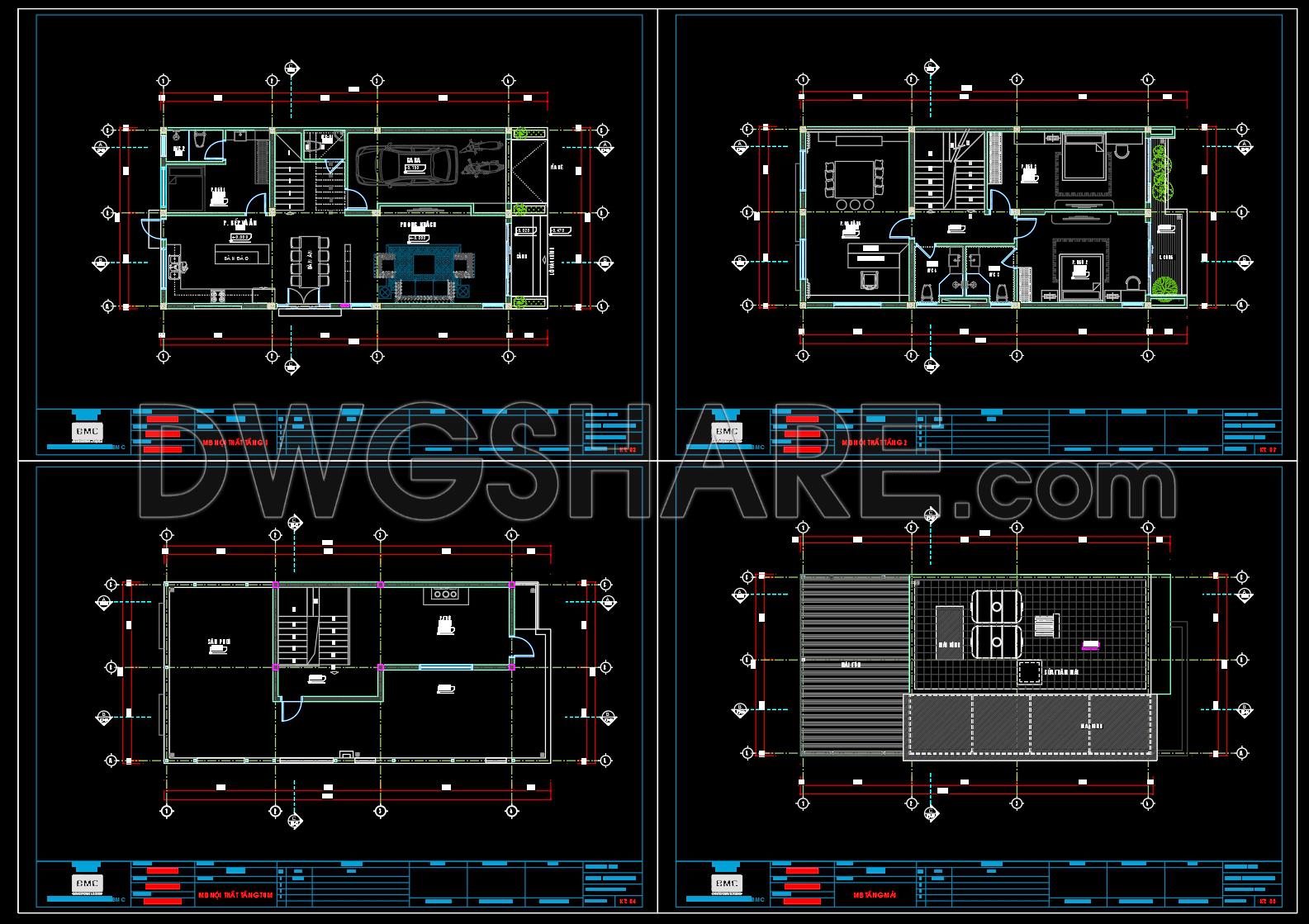 869. Free Download 3-storey House Cad Drawings – Floor Plans, Roof Plan & Layout Design
