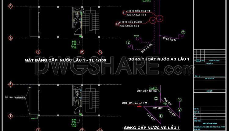 149. CAD drawings detailing the design of water supply and drainage systems for a 3-story townhouse (4)