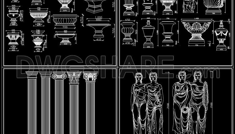 176. Free CAD Drawings of Classical Columns, Sculptures and Decorative Planters – Full Details (1)