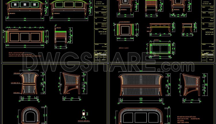 380. Free Cad File Of Wooden Sofa Set – Detailed Living Room Furniture Design