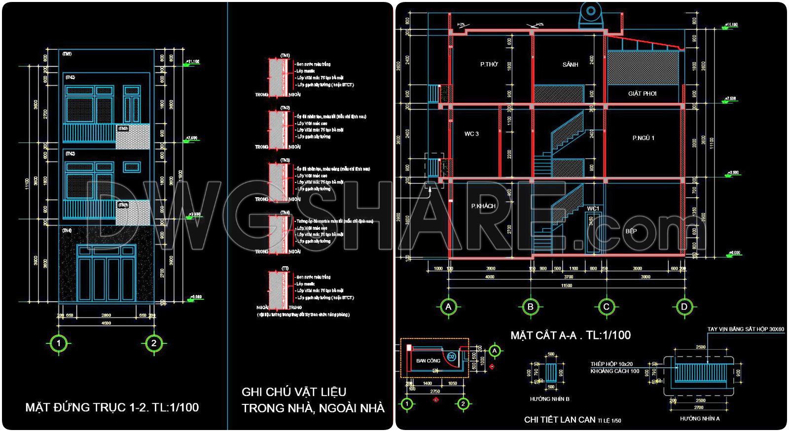 438. Download Cad Design Drawings For A 3-story House With Dimensions 4,5m x 11,5m (4)