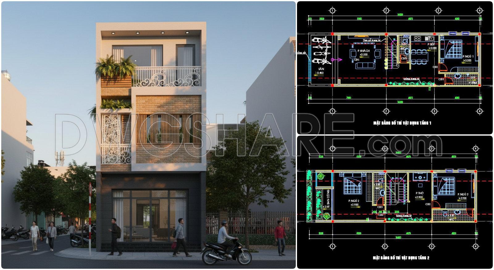 489. Free CAD Drawings of a 3-Storey House (5×16m) with 3 Bedrooms (1)