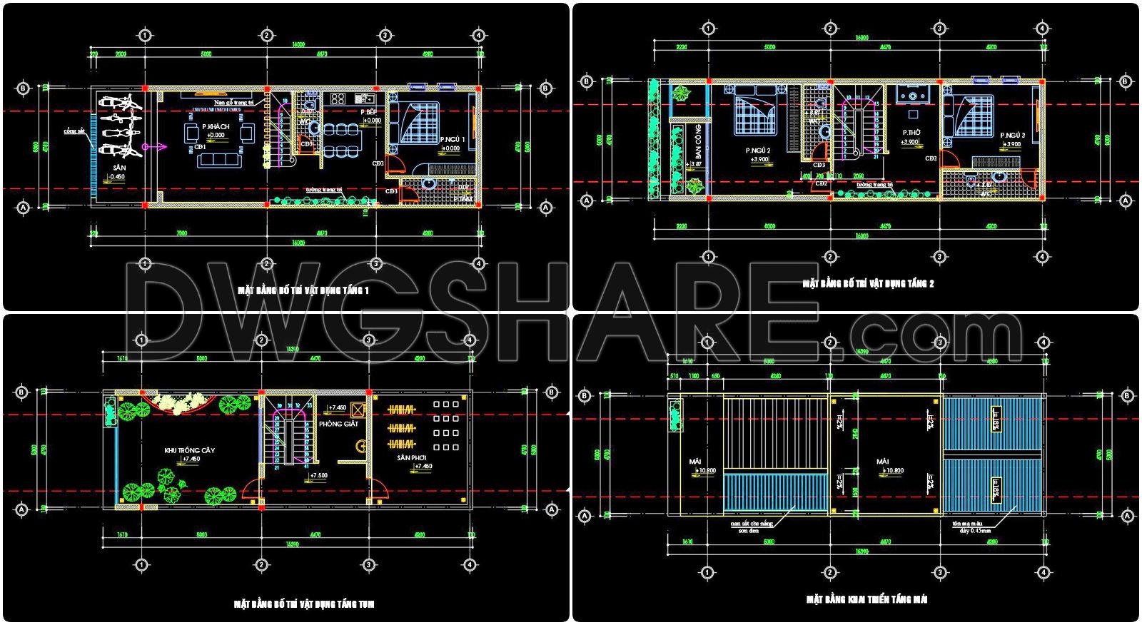 489. Free CAD Drawings of a 3-Storey House (5×16m) with 3 Bedrooms (2)