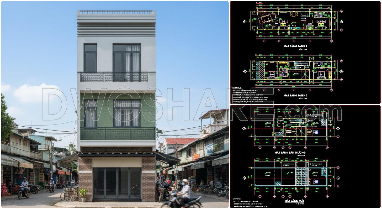 491. Free CAD Drawings of a 3-Storey House (5×20m) with 2 Bedrooms (1)