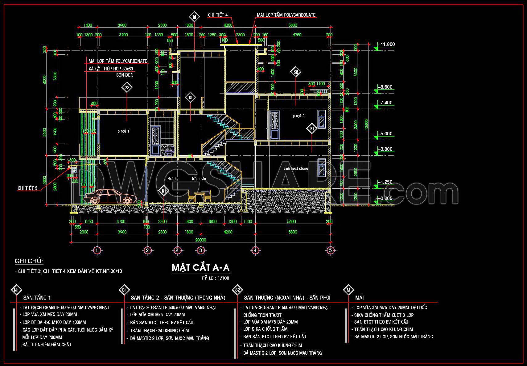 491. Free CAD Drawings of a 3-Storey House (5×20m) with 2 Bedrooms (5)