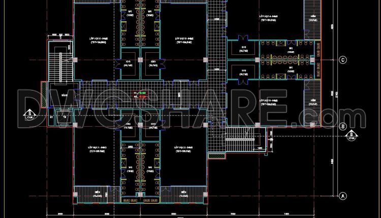 56. Free Download Cad Drawing Of Second Floor Plan For School Building With Classrooms And Restroom Layout