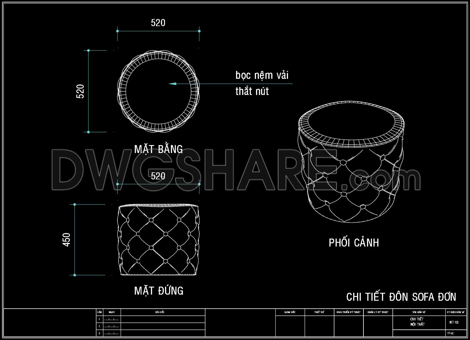 140. Detailed Tufted Ottoman Seat AutoCAD Drawing with Plan and Elevation Views (1)