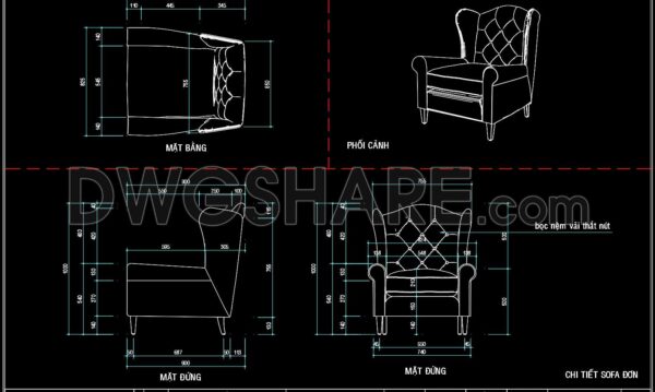 142. Detailed Sofa Chair AutoCAD Drawing with Plan, Elevation and Perspective Views