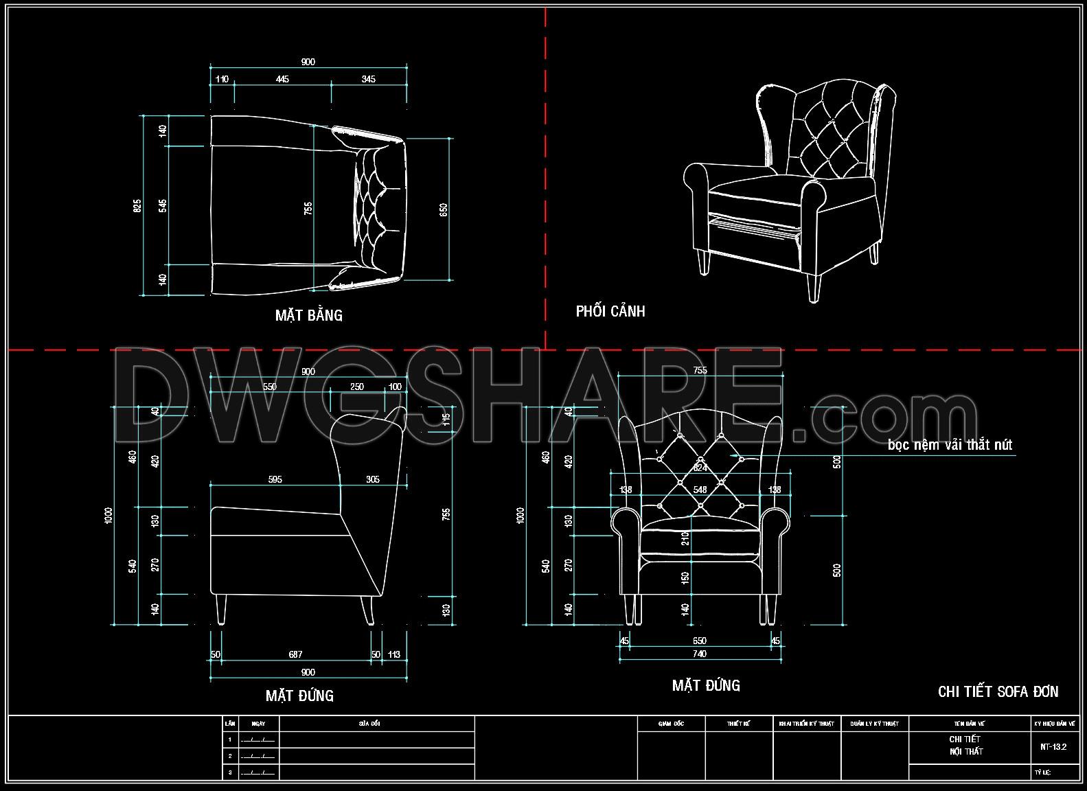 142. Detailed Sofa Chair AutoCAD Drawing with Plan, Elevation and Perspective Views (1)