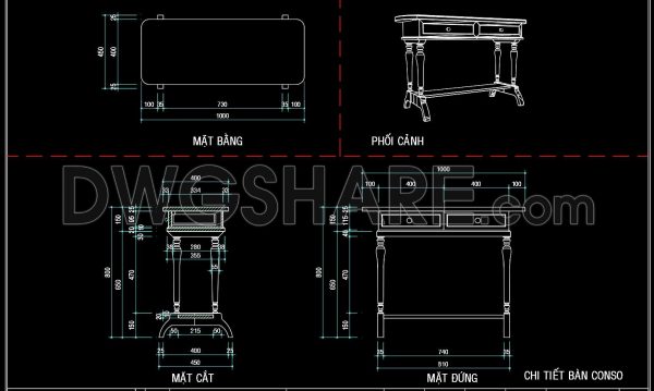 143. Elegant Console Desk CAD Drawing Free Download in DWG Format
