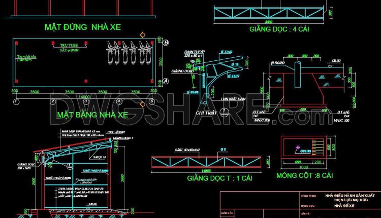 16. Free Cad Parking Shed Drawing – Steel Structure Plan, Section & Details (dwg)