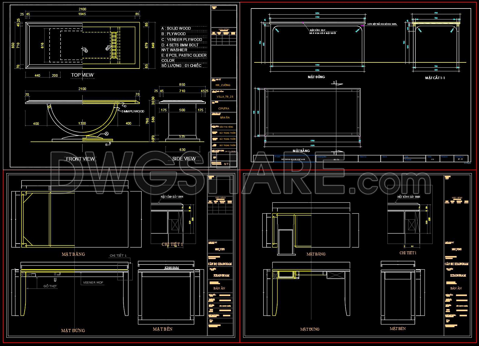 262. Free CAD Drawing Dining Table Designs with Detailed Construction (1)