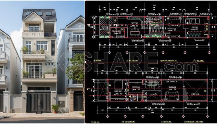 439. Download Cad Design Drawings For A 4-story House With Dimensions 5m x 25m (5)