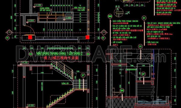 466. Architectural Staircase Detail AutoCAD Drawing – Multi-Level Stair Plans and Elevations